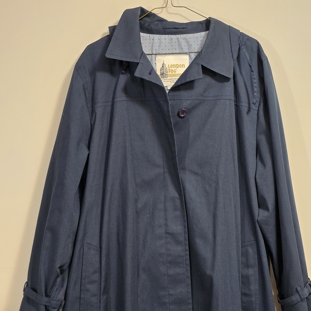 Vintage London Fog Classic Hooded Navy Blue Long Trench Coat Size 18 M UK - Picture 2 of 12